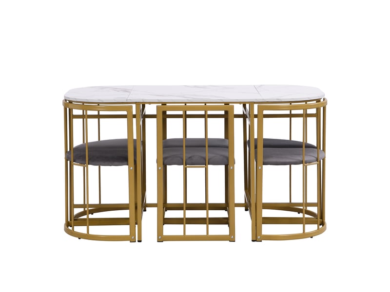  Ensemble table à manger blanche 140x80 cm avec 6 chaises velours gris doré  - Conforama A
