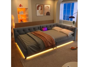 Lit banquette 90x200 cm gris, lin et mdf, avec sommier à lattes, usb type c et éclairage led télécommandé