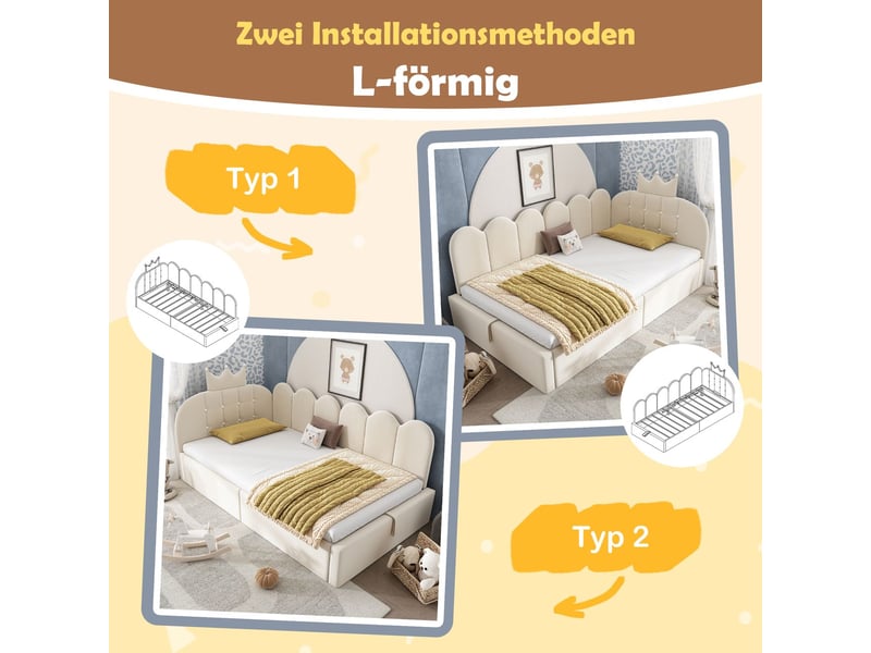  Lit 1 place 90 x 190 cm fonction sofa rangement hydraulique tagesbed convertible forme l velours beige design grille couronne  - Conforama E