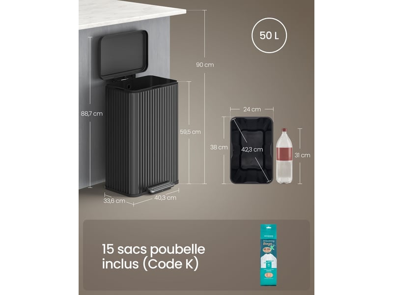  Poubelle de cuisine 50 l avec pédale fermeture douce seau intérieur amovible 40,3 x 33,6 x 62,5 cm en acier noir 12_0013008  - Conforama B