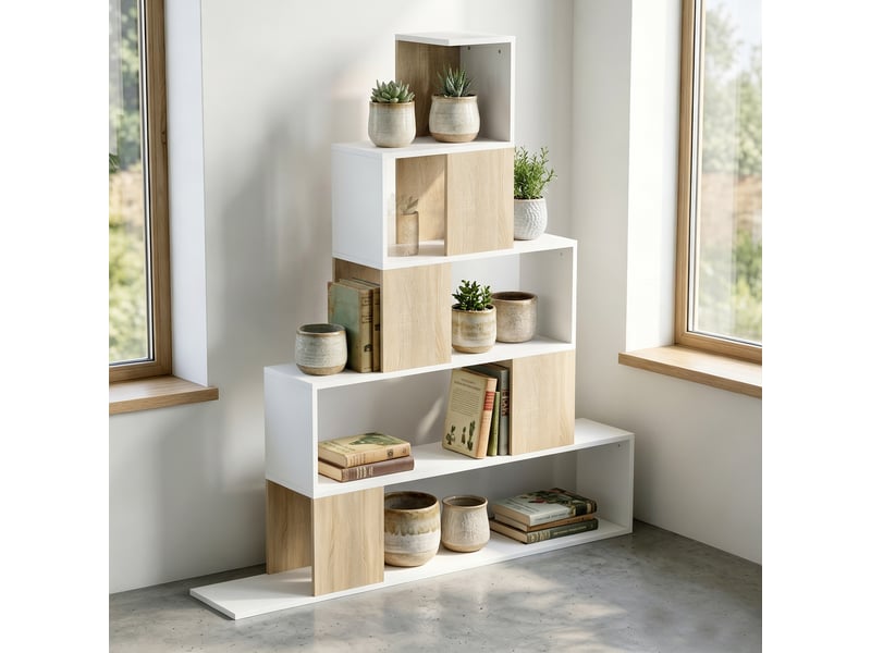  Étagère de rangement, bibliothèque géométrique à 5 niveaux, pour bureau, salon, chambre, blanc et bois naturel  - Conforama C