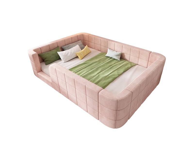  Lit enfant au sol rembourré 140 x 190 cm avec barrière périphérique et entrée basse, sommier à lattes inclus, en tissu chenille rose, sans matelas  - Conforama A