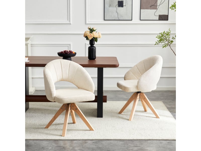  2 chaises pivotantes rétro chic — tissu blanc texturé, pieds bois massif, rotation silencieuse 360°, dossier enveloppant  - Conforama D