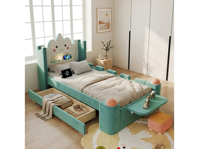  Lit enfant rembourré modenvie 90 x 200 cm avec lampe de lecture led, port usb, tiroir de rangement, plateau rabattable, velours bleu-vert  - Conforama D