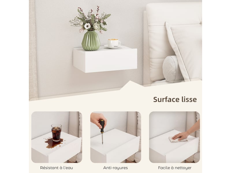 Lot de 2 tables de chevet murales, tables de nuit suspendues avec tiroir coulissant, 40 x 30 x 15 cm, blanc  - Conforama R