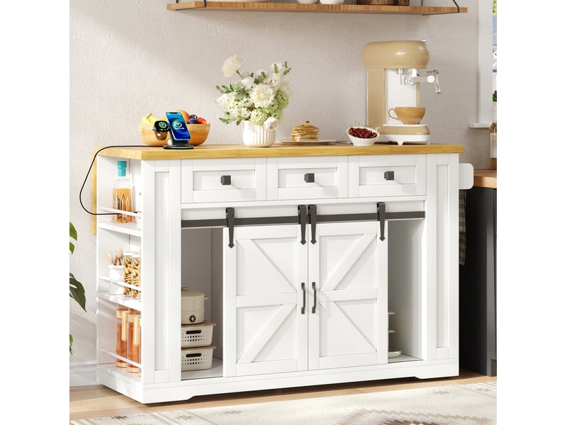 Îlot de cuisine avec plateau rabattable, 3 tiroirs et prises, pour cuisine, mdf blanc et bois, 130 × 50 (80) × 87 cm - Conforama B