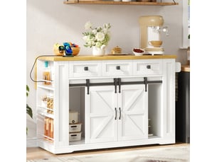 Îlot de cuisine avec plateau rabattable, 3 tiroirs et prises, pour cuisine, mdf blanc et bois, 130 × 50 (80) × 87 cm