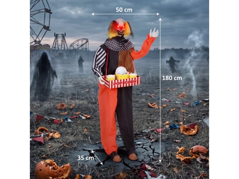  Clown popcorn halloween animé: tête qui tourne vite, sons effrayants, musique foraine, yeux lumineux – décoration maison  - Conforama C