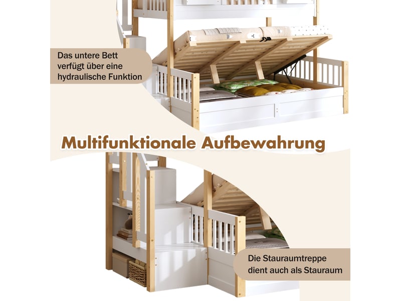  Lit superposé enfant 90x200 + 140x200 cm – blanc et naturel – escalier de rangement, led et coffre hydraulique  - Conforama E