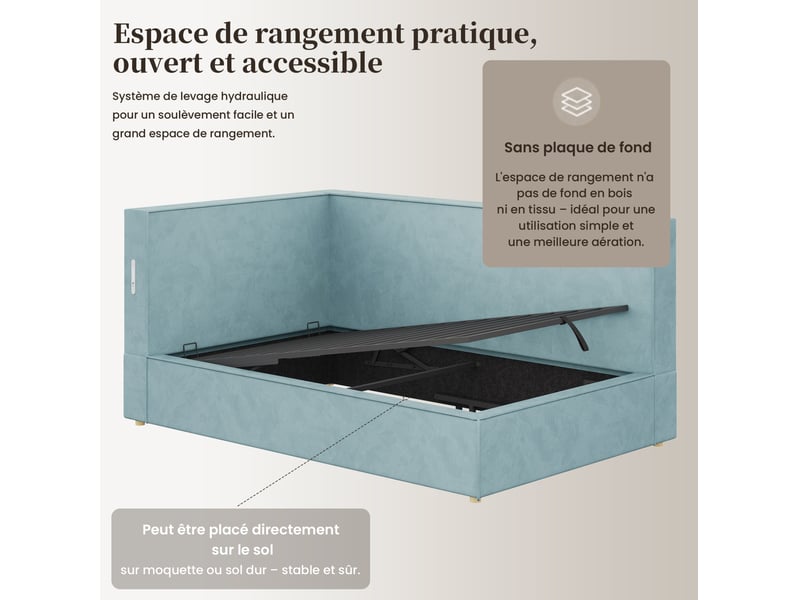  Lit banquette 90x200 cm, coffre hydraulique, sommier inclus, led, usb et usb-c, velours bleu sans matelas  - Conforama E