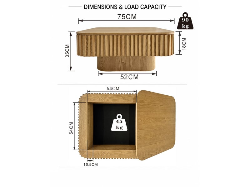  Table basse carrée 75x75 cm – bois naturel – rangement dissimulé, plateau amovible et design strié moderne  - Conforama C