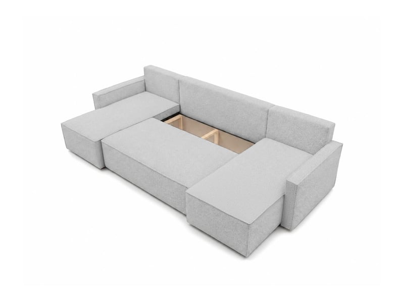 Farah - canapé d'angle panoramique convertible 6 places accoudoirs slim en tissu bouclettes généreuses  - Conforama D