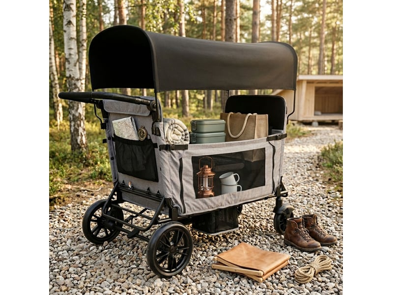  Poussette wagon 4 places pliable 138x126x72 cm – gris – grande couchette, auvent et tablette  - Conforama B
