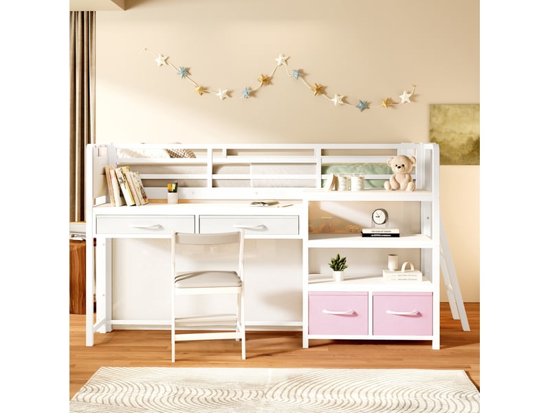  Lit mezzanine enfant 90x200 cm – blanc – bureau, étagères, tiroirs en tissu, led multicolore - sans matelas  - Conforama B