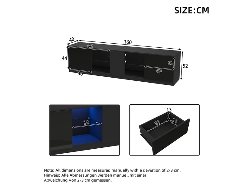  Meuble tv - 160x40x52 cm - noir - éclairage led 16 couleurs - mdf + verre trempé  - Conforama R