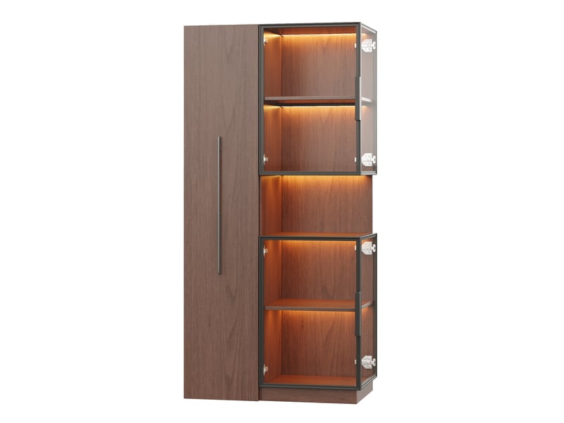  Vitrine en Verre 70x38x160 cm avec Étagère Coulissante, Double Porte Vitrée, LED et Rangement Multifonction - Noyer Fay Lum - Conforama E