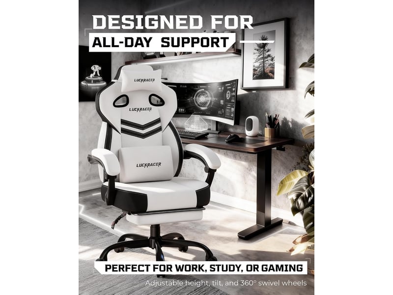 Gtplayer chaise de jeu en tissu avec accoudoirs synchronisés, inclinaison de 90-155° et repose-pieds - blanc - double ligne LR408-WT-DL-FA - Conforama E