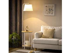 Lampadaire 162 cm blanc avec 2 étagères, interrupteur au pied, structure en acier et abat-jour en lin
