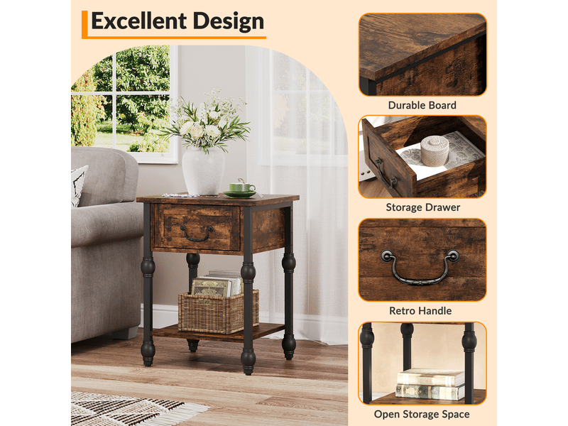  Table d'appoint industrielle tiroir, bout canapé, table chevet carrée, étagère 2 niveaux, mdf métal,  style rétro vintage PHO_15T6NR82 - Conforama D