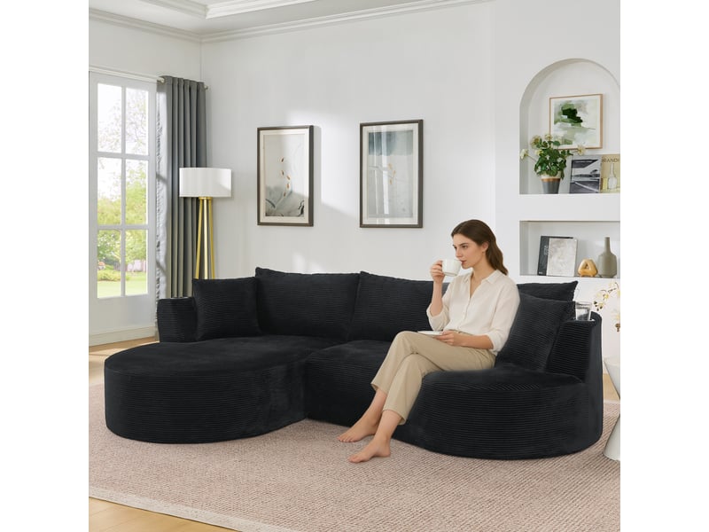  Canapé 3 places avec méridienne gauche design courbé velours côtelé doux porte-gobelets noir  - Conforama B