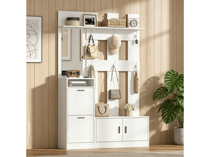  Meubles d'entrée avec 2 portes abattantes, 2 portes, miroir, 6 crochets et banc en mdf 120×30×180 cm blanc  - Conforama C