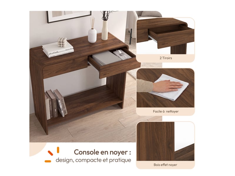  Console 2 tiroirs capucine effet noyer design arrondi  - Conforama C