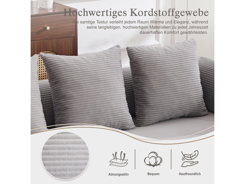  Canapé d'angle convertible modulable en velours côtelé gris clair avec pouf et 3 coussins inclus  - Conforama R