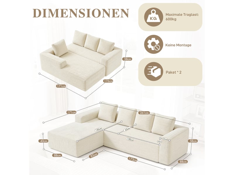  Canapé d'angle modulable 4 places en velours côtelé beige, méridienne réversible et assise profonde cloud  - Conforama C