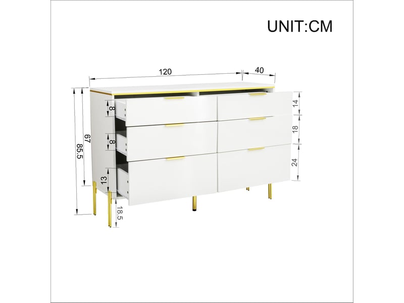 Buffet blanc, 6 tiroirs, rangement, design moderne, structure robuste - panneaux de particules - 120x40x85.5cm - Conforama E