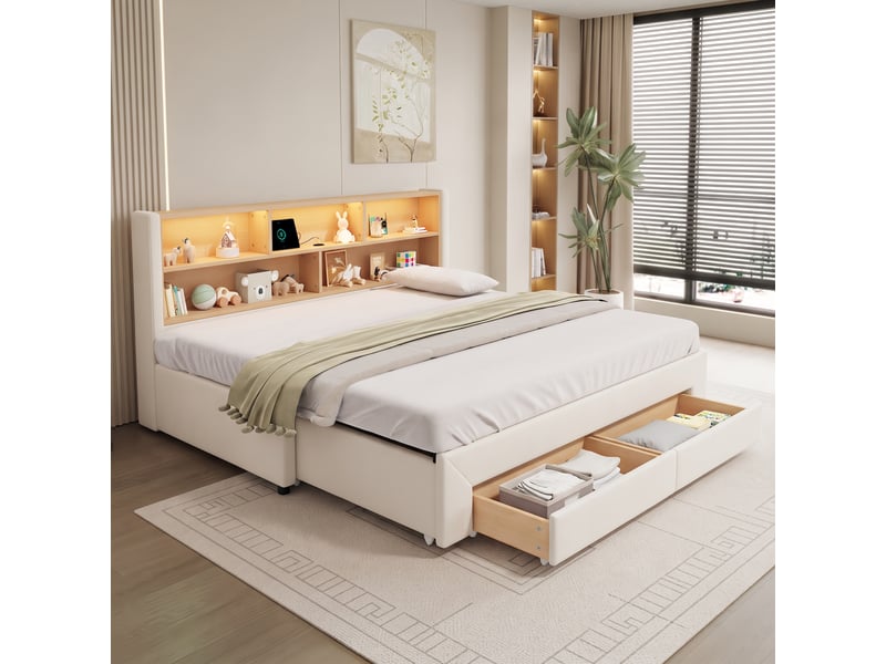 Lit gigogne 90x200 cm lit banquette extensible 180 cm avec 2 tiroirs, usb et led, velours beige ABC - Conforama B