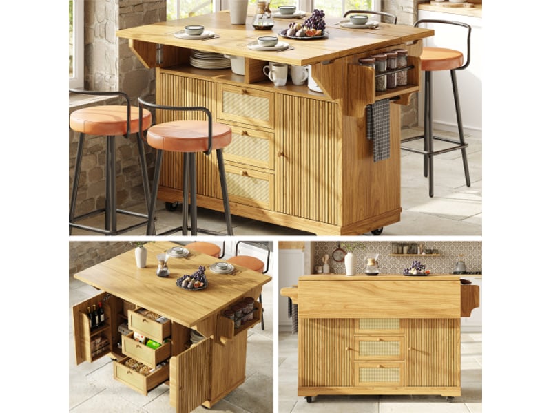  Desserte pliante, chariot de cuisine de 95 cm à hauteur ergonomique et tiroirs en résine tressée, chariot mobile brun naturel  - Conforama E