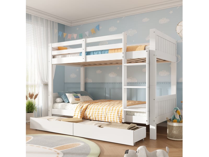  Lit superposé enfant 90x200 cm séparable en 2 lits avec 2 tiroirs, blanc  - Conforama D