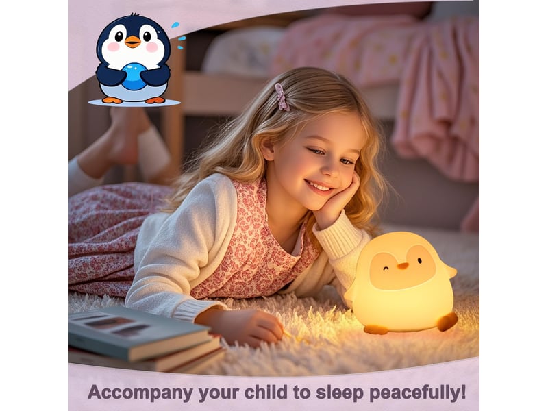 Veilleuse pingouin en silicone pour enfants, rechargeable, 50 h d’autonomie, commande tactile, minuterie - Conforama D