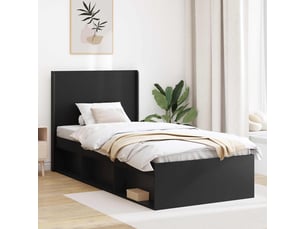 Lit adulte, lit simple, cadre de lit avec rangement et tête de lit noir 90x200cm cf1821