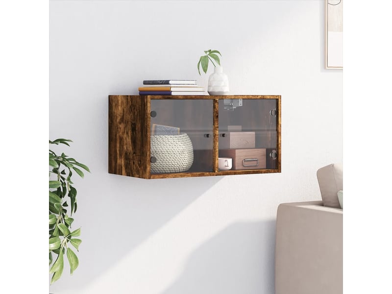  Armoire murale salon, meuble de rangement avec portes en verre chêne fumé 68,5x37x35 cm  - Conforama C