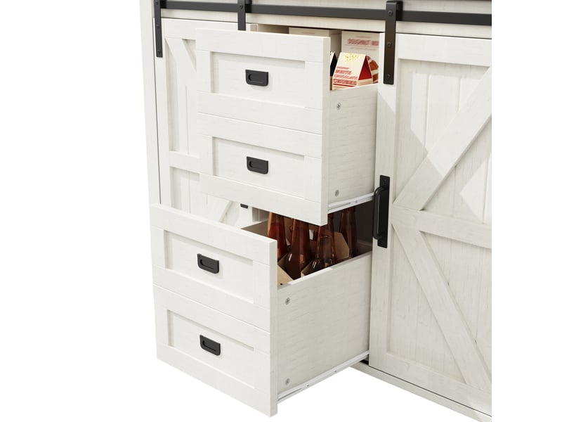 Buffet cuisine blanc 115x40x175 cm, meuble rangement avec portes coulissantes et étagères réglables pour salle à manger - Conforama E