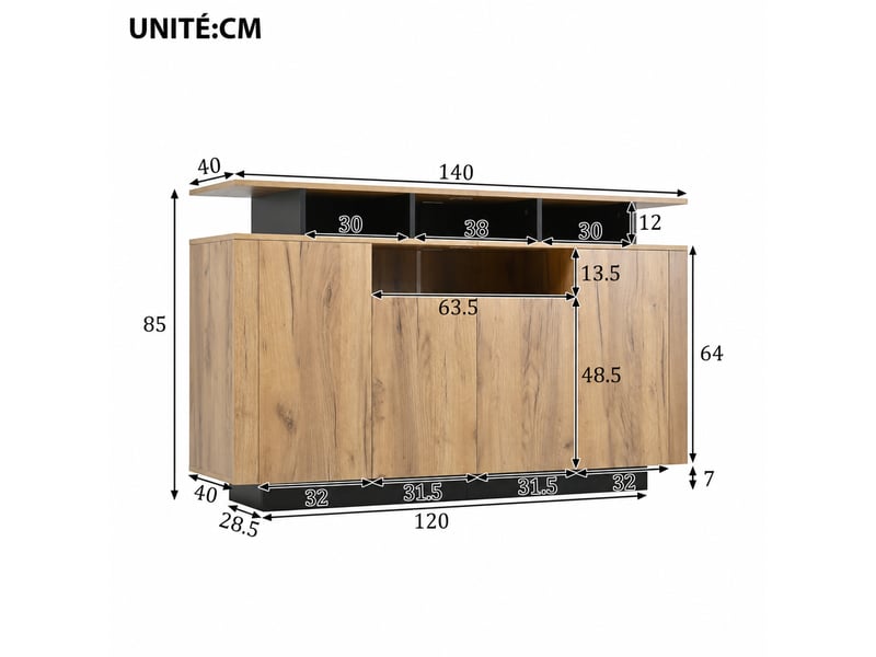  Buffet et enfilade avec 4 portes et 3 niches ouvertes pour salon ou entrée en panneaux de particules, 140×40×85 cm  - Conforama E
