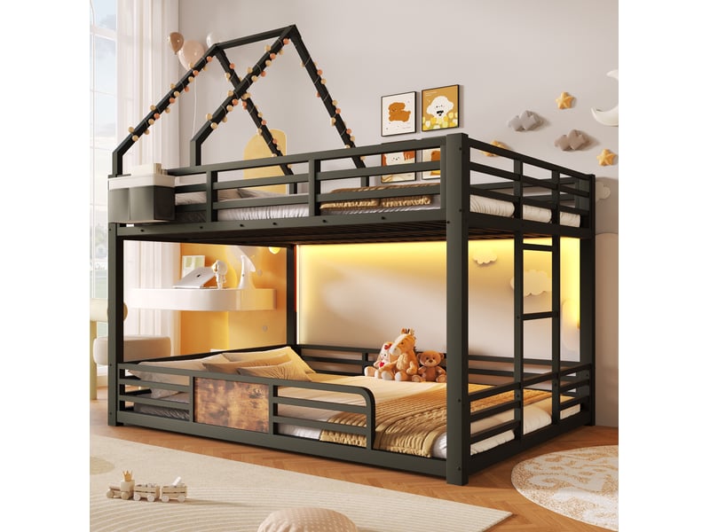  Lit superposé 140x200 cm avec led et poches de rangement en métal noir, sans matelas  - Conforama W