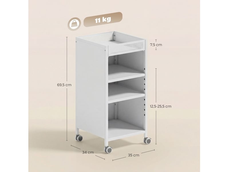  Bibliothèque mobile 35x34x69,5 cm avec tablettes réglables et panier supérieur, métal blanc  - Conforama E