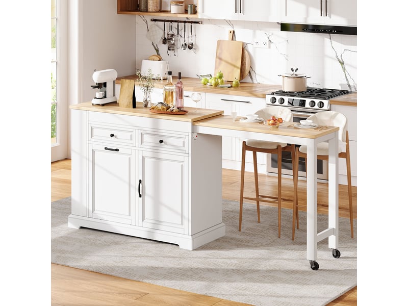  Îlot de cuisine sur roulettes plateau extensible 112-180 cm meuble poubelle 2 tiroirs blanc  - Conforama B