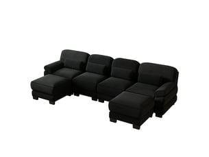 Canapé panoramique modulable 4 places 336 x 161 x 94 cm avec 2 poufs, assise profonde et coussins épais, velours côtelé, noir