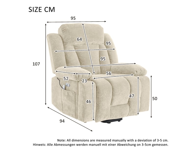  Fauteuil relax 95x94x107 cm, électrique releveur massage 8 points chauffant inclinaison usb, tissu beige  - Conforama C
