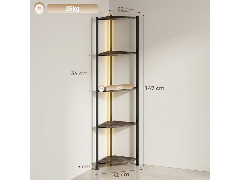  Bibliothèque d'angle à 5 niveaux avec éclairage led pour salon, chambre, bureau, marron rustique  - Conforama C