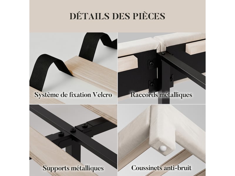  Cadre de lit 140x200 cm rembourré, lit double avec structure métallique et sommier à lattes en bois, charge maximale 500 kg, beige  - Conforama D