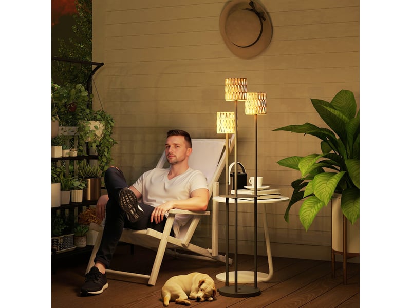  Lampadaire solaire,37x37x144 cm,meulva,3 lumières avec tablette,rotin pe,jaune  - Conforama B