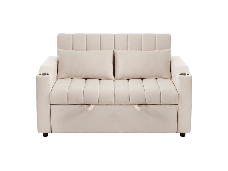 Canapé convertible 2 places avec dossier réglable 3 positions, porte-gobelets et poches, en coton et lin beige - Conforama A