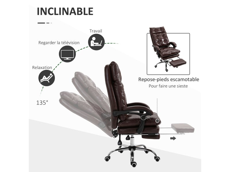 Fauteuil de bureau ergonomique marron avec repose-pieds escamotable, dossier inclinable à 135° - Conforama R