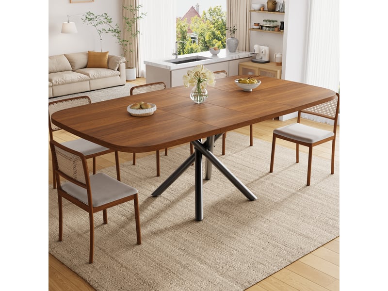  Table à manger extensible 115155195 x 115 x 75 cm pour 4 à 8 personnes, cadre métallique en x, pieds réglables, plateau mdf brun, style épuré  - Conforama B