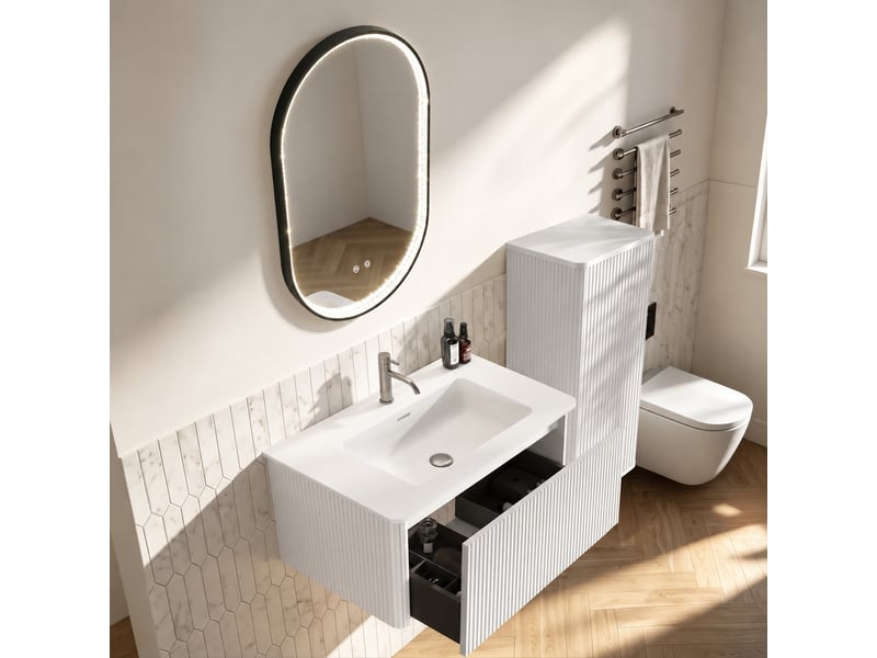  Ensemble meuble vasque suspendu 80 cm avec miroir led ovale  - Conforama E