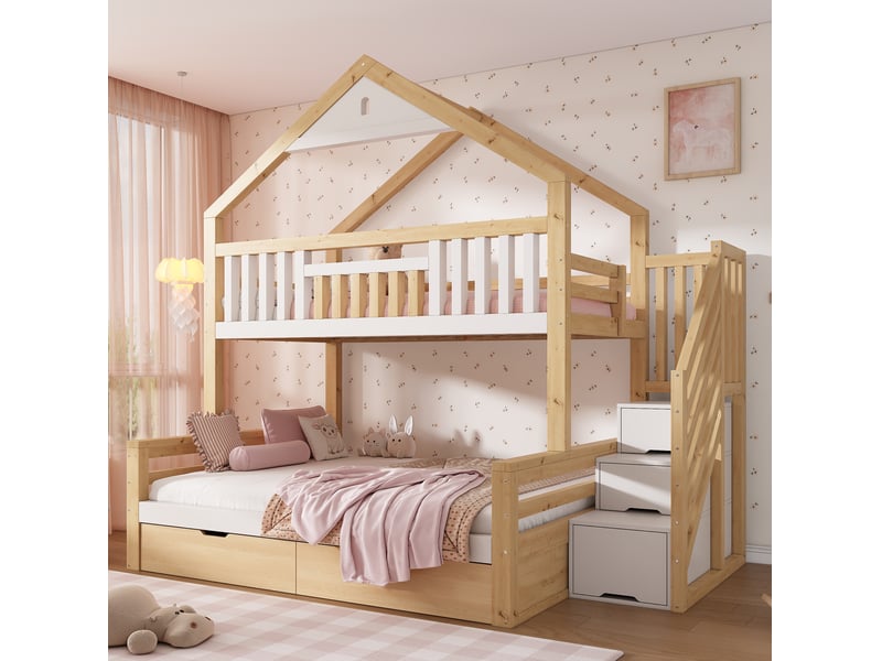  Lit superposé enfant 90140x200 cm avec escalier, 2 tiroirs, blanc et chêne  - Conforama D